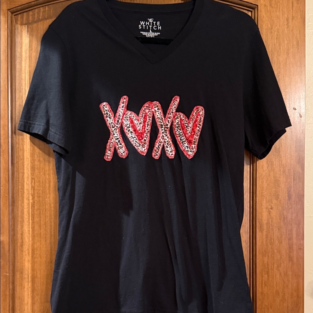 Women’s Black T-Shirt with Red/Leopard XOXO Sequence Design